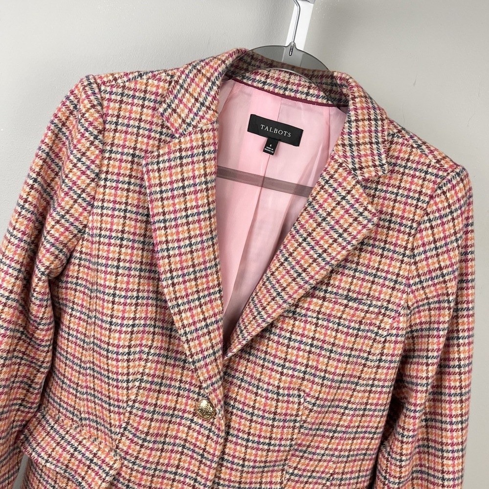 Talbots Wool Blend Blazer‎ Womens 6 Multicolor Plaid Jacket Preppy Academia